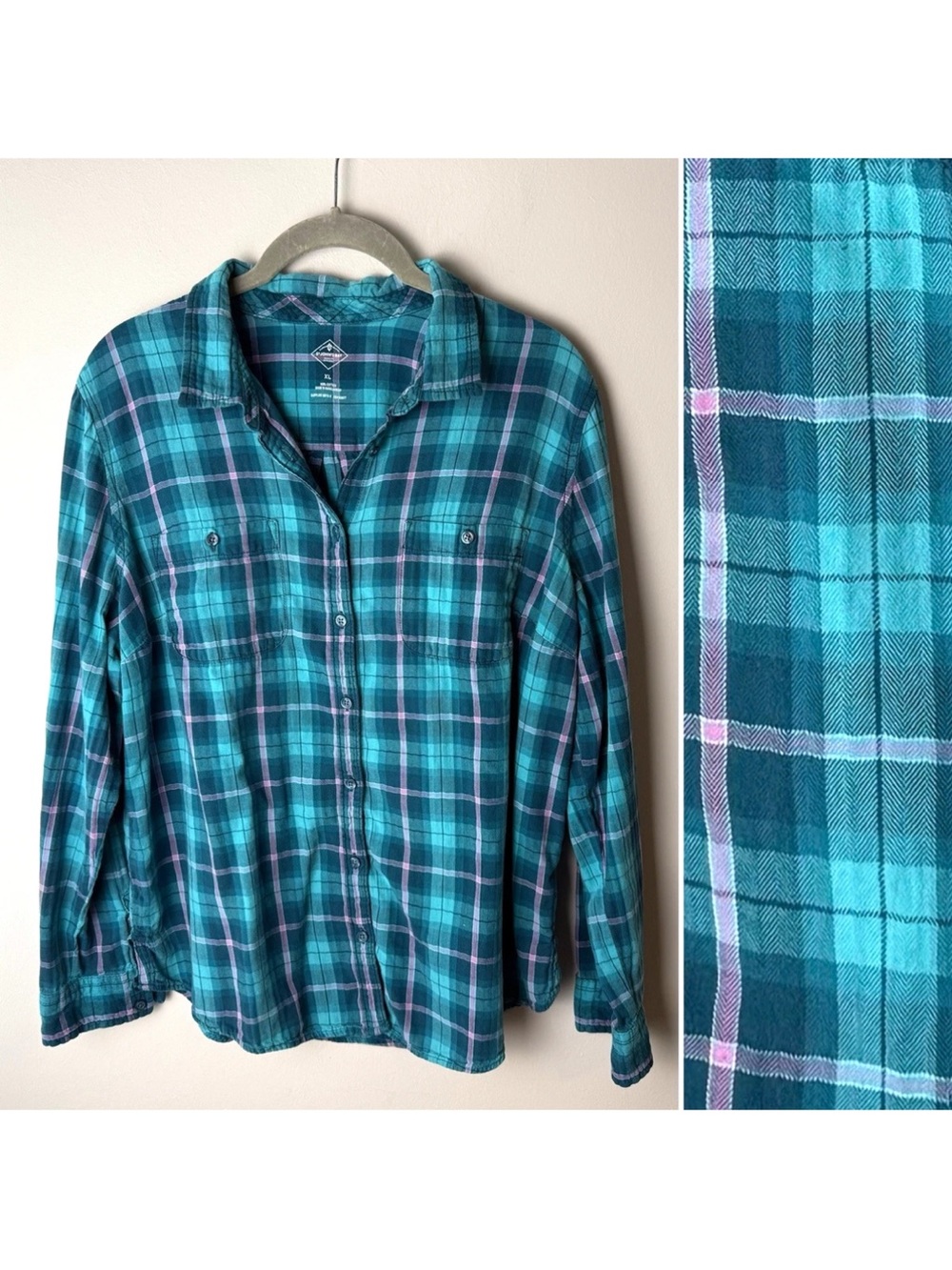 St. John's Bay Plaid Shirt Size XL Teal Blue Purple Button Front Long Sleeves